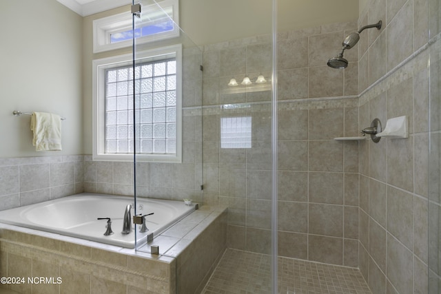 bathroom with shower with separate bathtub and a wealth of natural light