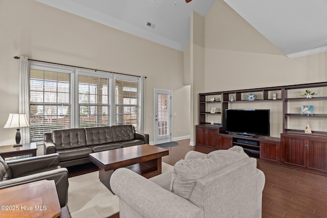 living room with dark wood-type flooring and high vaulted ceiling