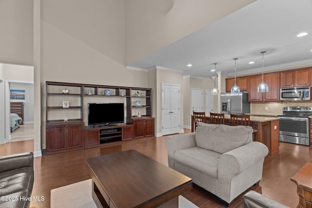 living room featuring dark wood-type flooring and ornamental molding