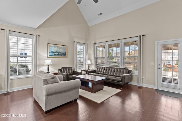 living room featuring ceiling fan, high vaulted ceiling, and dark hardwood / wood-style flooring