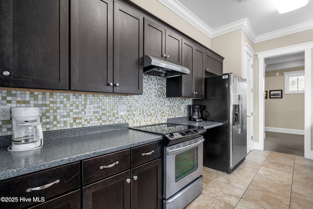 kitchen featuring backsplash, ornamental molding, light tile patterned floors, dark brown cabinetry, and stainless steel appliances