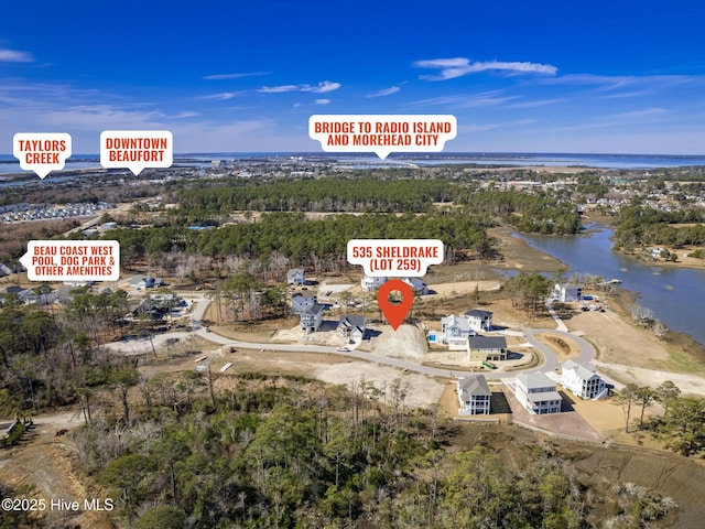 birds eye view of property featuring a water view