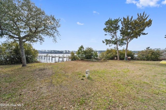 view of yard featuring a boat dock and a water view