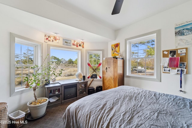 bedroom with ceiling fan and multiple windows