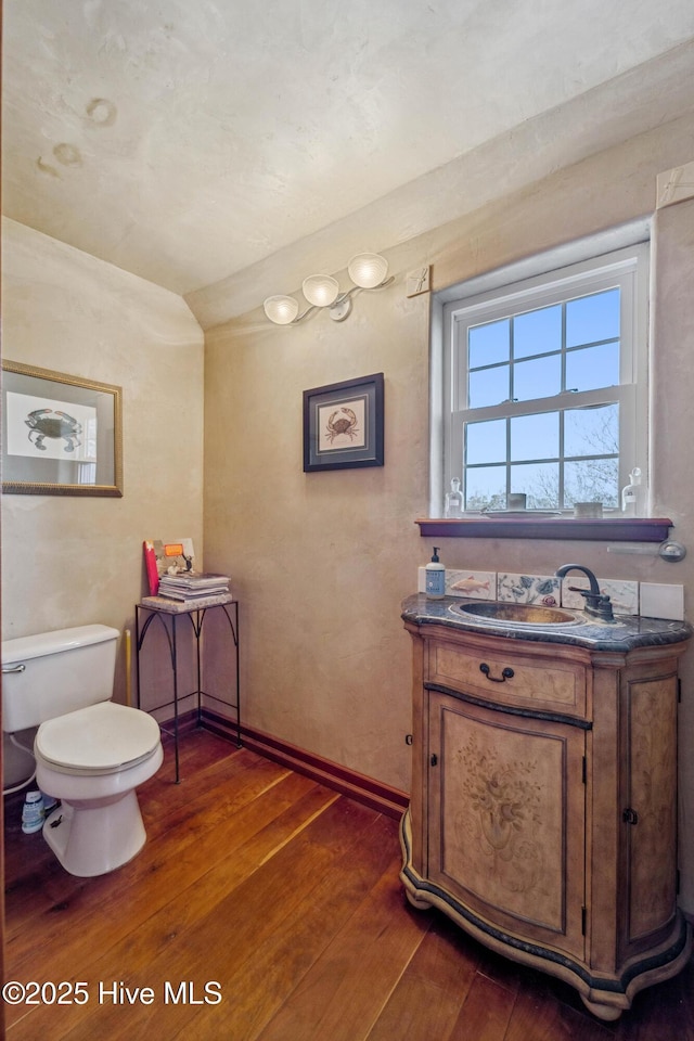 bathroom featuring wood-type flooring, toilet, and vanity