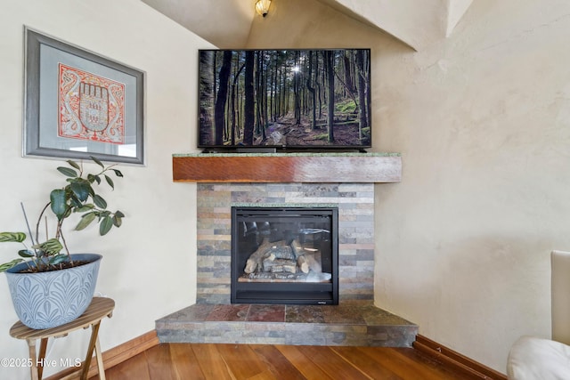 details featuring hardwood / wood-style flooring and a fireplace