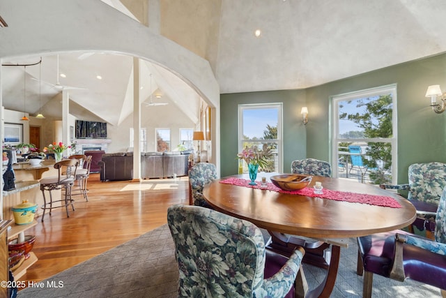 dining space featuring high vaulted ceiling and light hardwood / wood-style floors