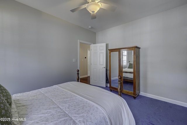 bedroom with dark colored carpet and ceiling fan