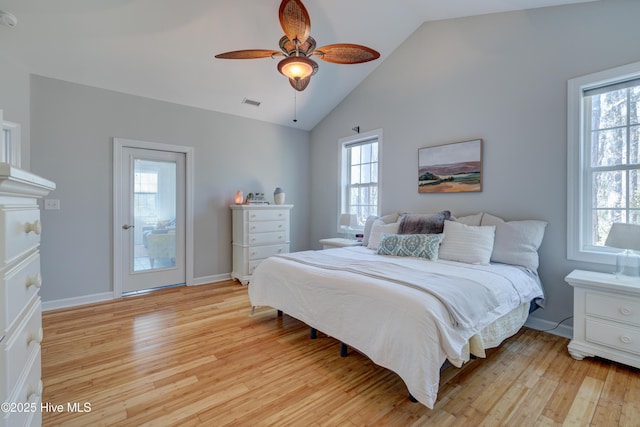 bedroom featuring ceiling fan, multiple windows, and light wood-type flooring