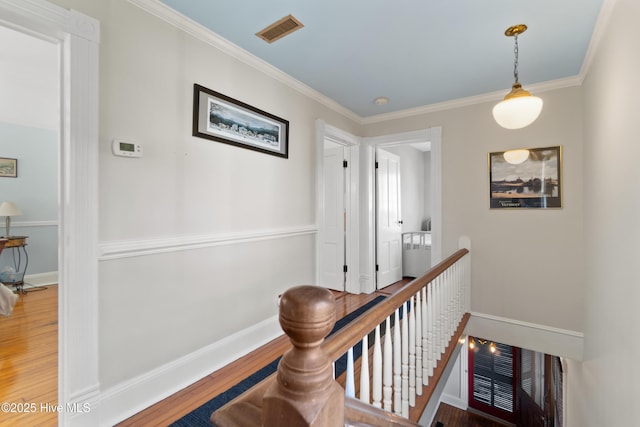 hallway featuring hardwood / wood-style floors and crown molding