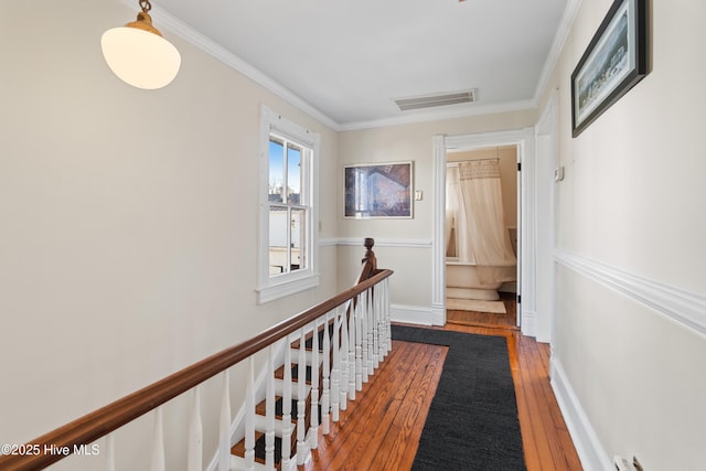 hallway with ornamental molding and wood-type flooring