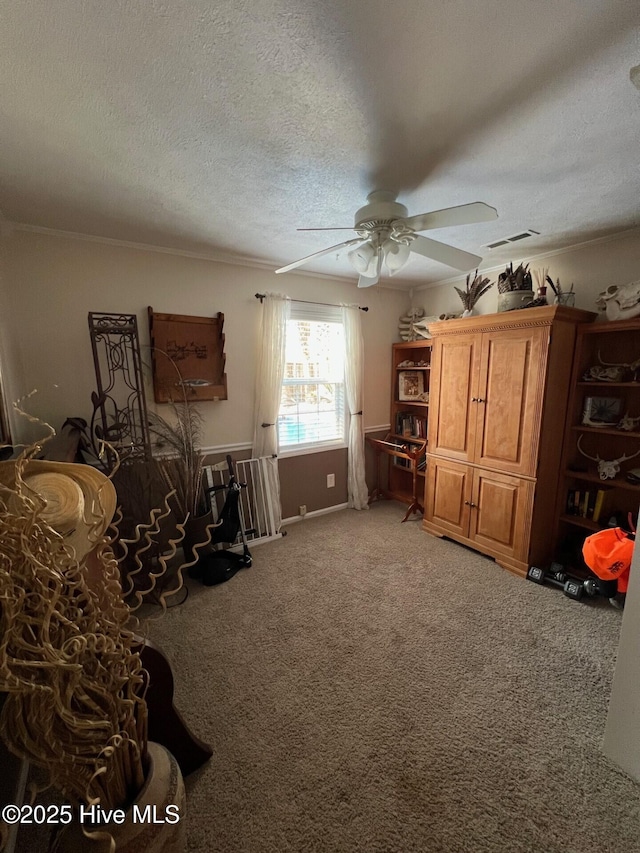 misc room with ceiling fan, carpet floors, ornamental molding, and a textured ceiling