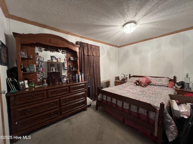 carpeted bedroom with ornamental molding and a textured ceiling