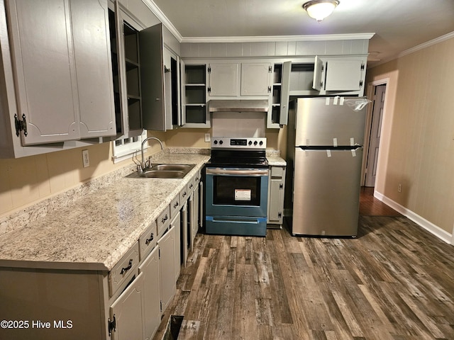 kitchen featuring crown molding, open shelves, stainless steel appliances, a sink, and under cabinet range hood