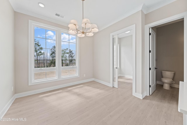 2660 Alvernia Dr, Castle Hayne, NC 28429 - unfurnished dining area with crown molding, a chandelier, light wood finished floors, baseboards, and recessed lighting