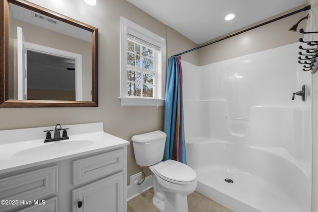 full bathroom with toilet, vanity, visible vents, a shower with curtain, and tile patterned floors