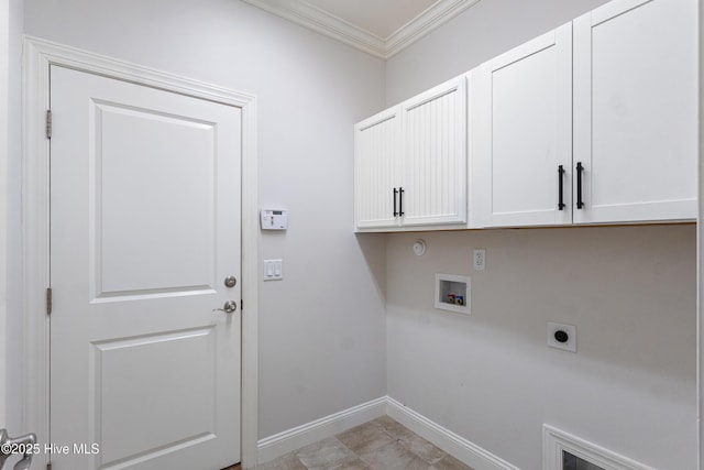 laundry area featuring cabinets, ornamental molding, hookup for an electric dryer, and hookup for a washing machine