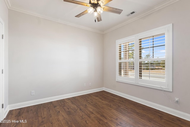 unfurnished room featuring crown molding, dark wood-type flooring, and ceiling fan