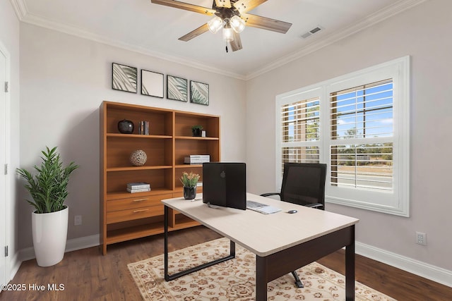 office space with ceiling fan, crown molding, and dark hardwood / wood-style flooring