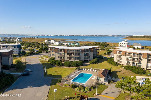 drone / aerial view featuring a water view