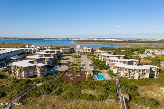 aerial view featuring a water view