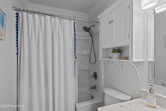 full bathroom featuring shower / bath combination with curtain, crown molding, vanity, and toilet