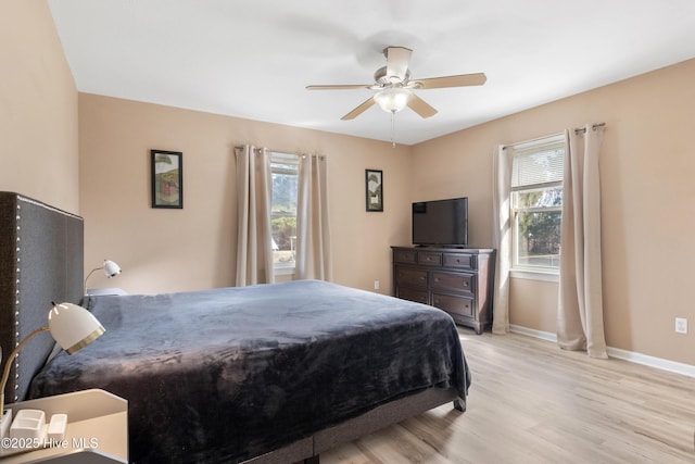 bedroom featuring ceiling fan and light wood-type flooring