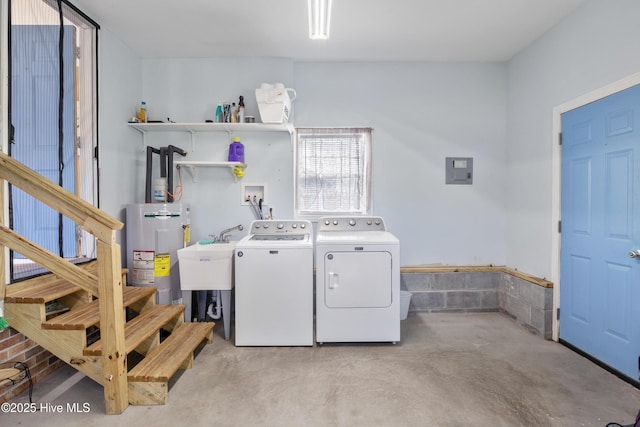 washroom with sink, washing machine and dryer, electric water heater, and electric panel