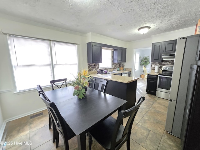 dining area featuring ornamental molding, sink, and a textured ceiling