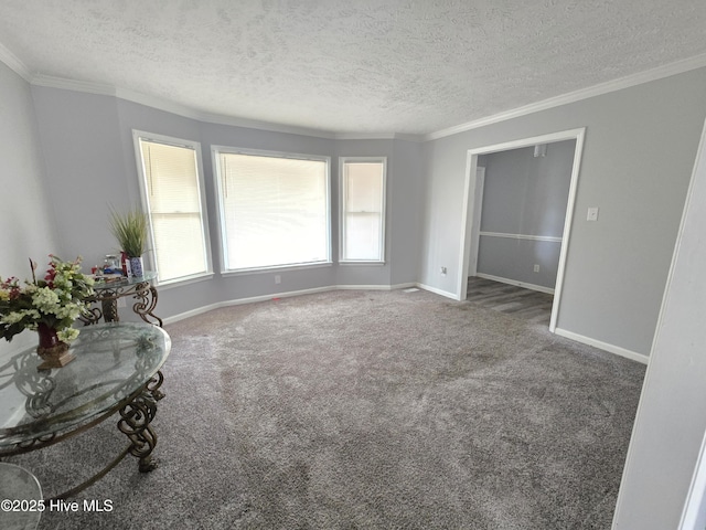 interior space featuring crown molding, a textured ceiling, and dark colored carpet