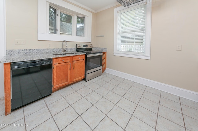 kitchen featuring electric stove, brown cabinets, ornamental molding, a sink, and dishwasher