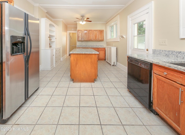 kitchen with light tile patterned floors, stainless steel fridge, dishwasher, a kitchen island, and light stone countertops