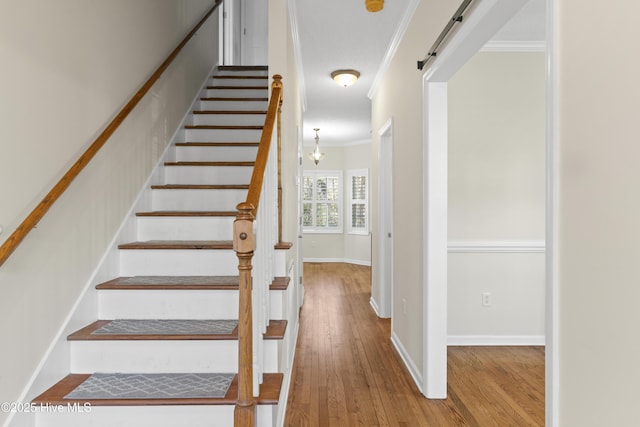 staircase with hardwood / wood-style flooring, crown molding, and a barn door