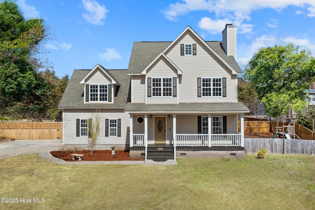 1652 Chadwick Shores Dr, Sneads Ferry, NC 28460 - traditional home featuring a shingled roof, a porch, a chimney, and crawl space