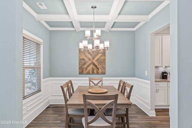 dining area with dark hardwood / wood-style flooring, a chandelier, coffered ceiling, crown molding, and beam ceiling