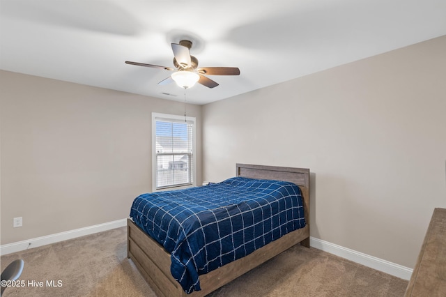 bedroom with ceiling fan and carpet