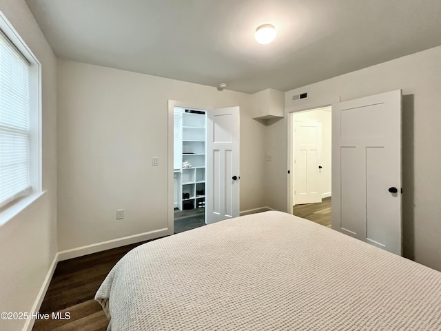 bedroom featuring a walk in closet, dark hardwood / wood-style flooring, and a closet