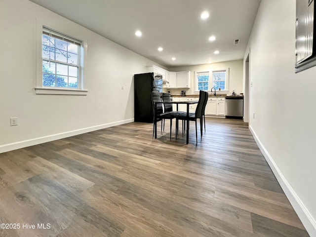 dining area featuring sink and dark hardwood / wood-style flooring