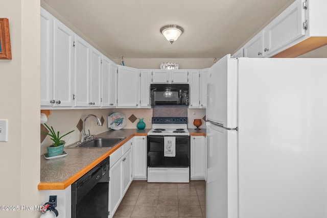 kitchen featuring sink, light tile patterned floors, white cabinetry, backsplash, and black appliances