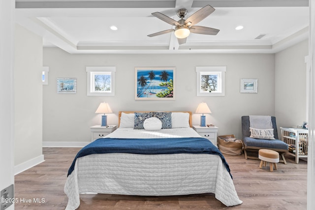 bedroom with visible vents, baseboards, a ceiling fan, wood finished floors, and recessed lighting