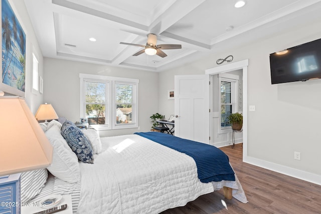 bedroom with coffered ceiling, beamed ceiling, baseboards, and wood finished floors