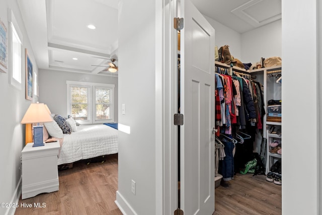 spacious closet featuring attic access, coffered ceiling, and wood finished floors