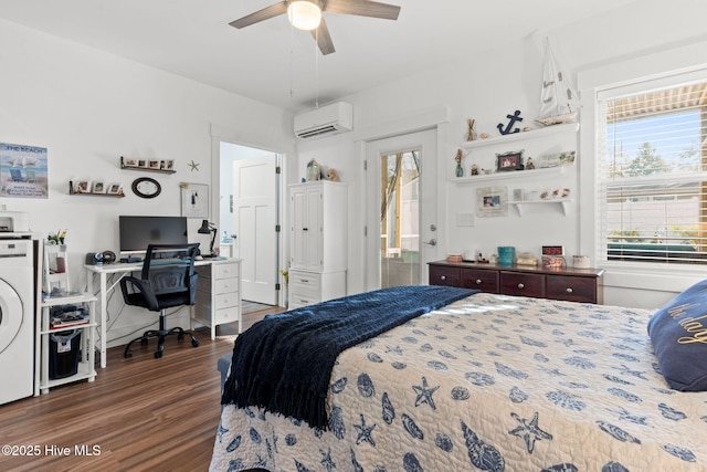 bedroom featuring a ceiling fan, a wall unit AC, and wood finished floors