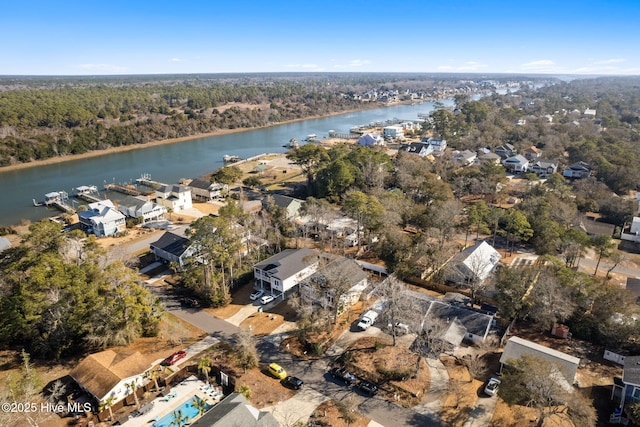 drone / aerial view with a water view and a view of trees