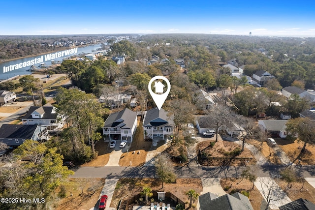 aerial view featuring a water view and a residential view