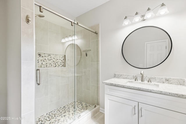 bathroom featuring vanity and a stall shower
