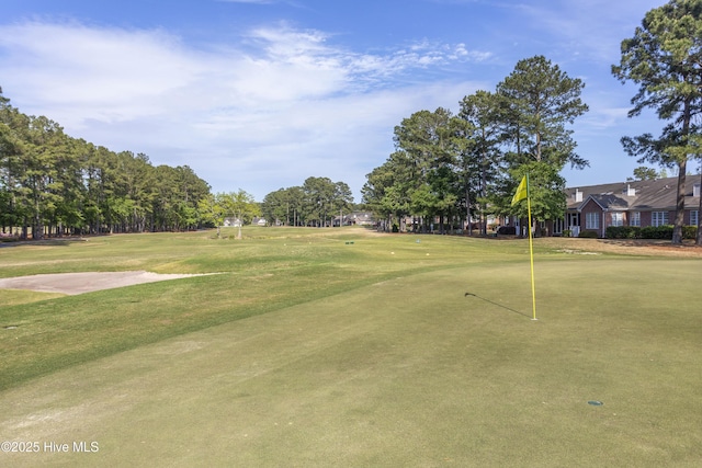 view of community featuring a lawn and golf course view