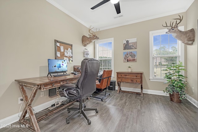 home office with ornamental molding, hardwood / wood-style floors, and ceiling fan