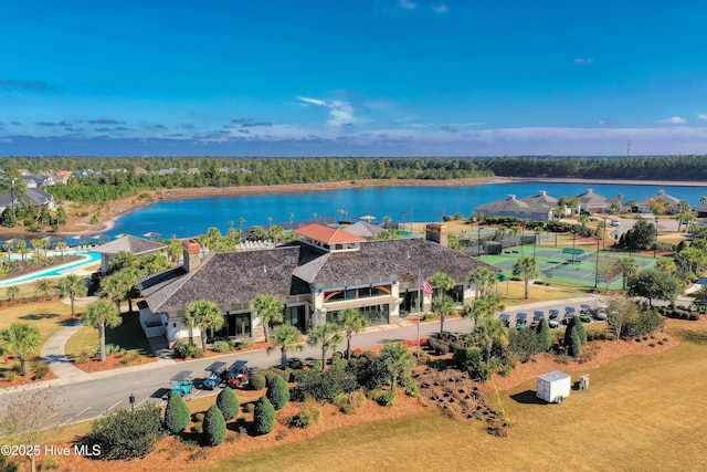 aerial view featuring a water view