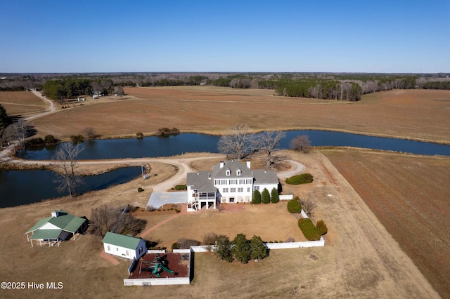 bird's eye view with a water view and a rural view